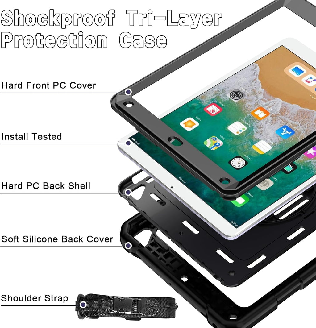 Ipad 6Th Generation Case, Ipad 5Th Generation Case, Ipad Air 2 Case, Ipad 9.7 Case for Kids, Shockproof 9.7 Inch Ipad Case with Rotating Stand/Hand Strap/Pencil Holder for Ipad 2018/2017 - Black