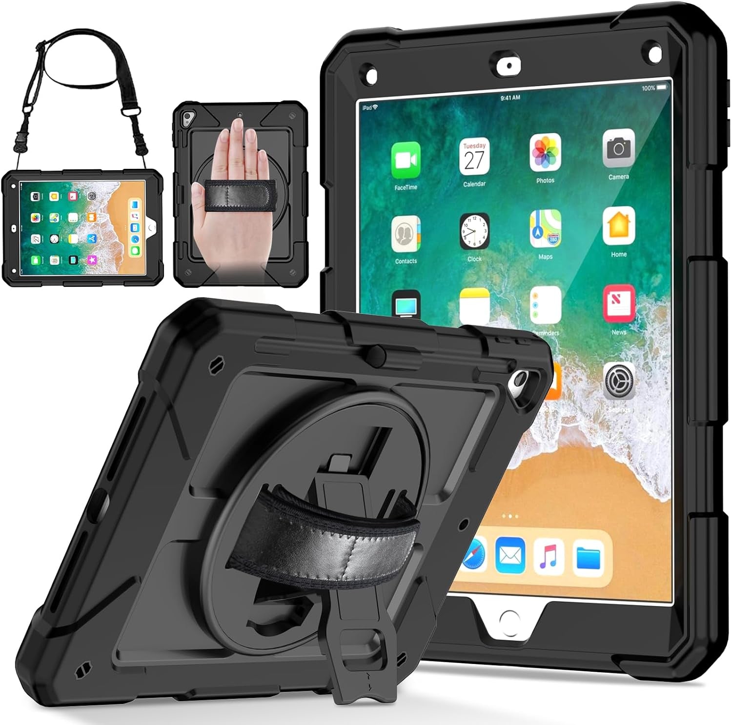Ipad 6Th Generation Case, Ipad 5Th Generation Case, Ipad Air 2 Case, Ipad 9.7 Case for Kids, Shockproof 9.7 Inch Ipad Case with Rotating Stand/Hand Strap/Pencil Holder for Ipad 2018/2017 - Black