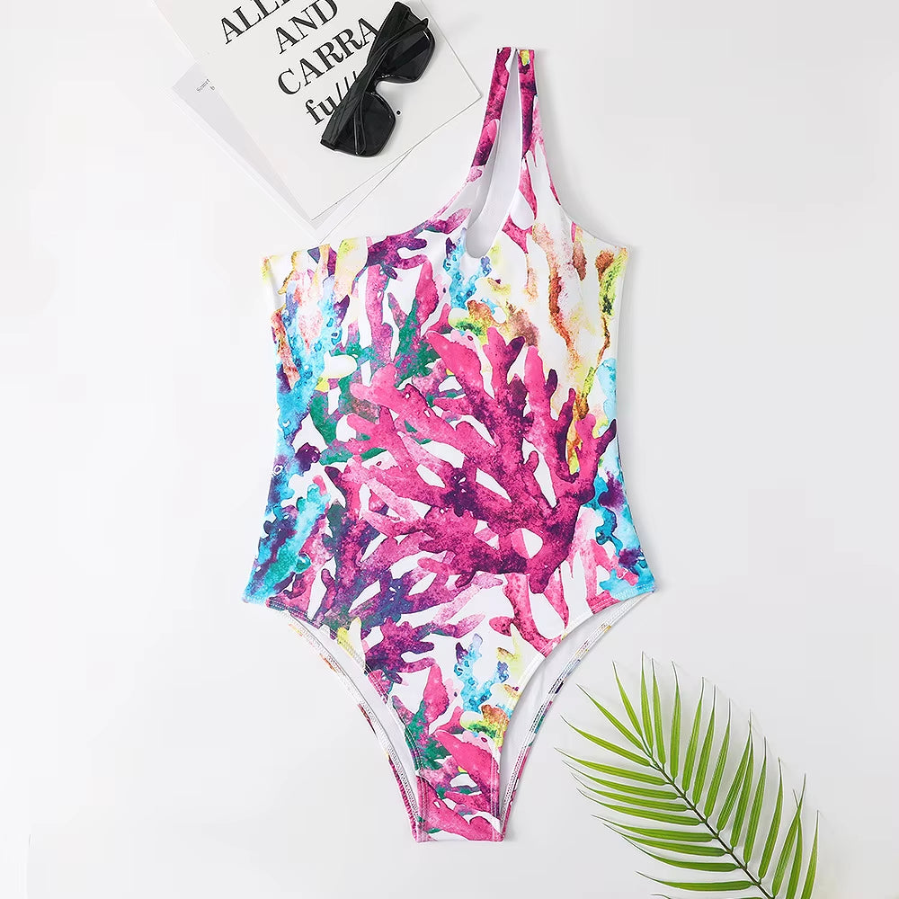 Sexy Tie Dye Print One Piece Swimsuit Swimwear Women Gradient Hollow Out One Shoulder Bodysuit Push up Bathing Suit Monokini
