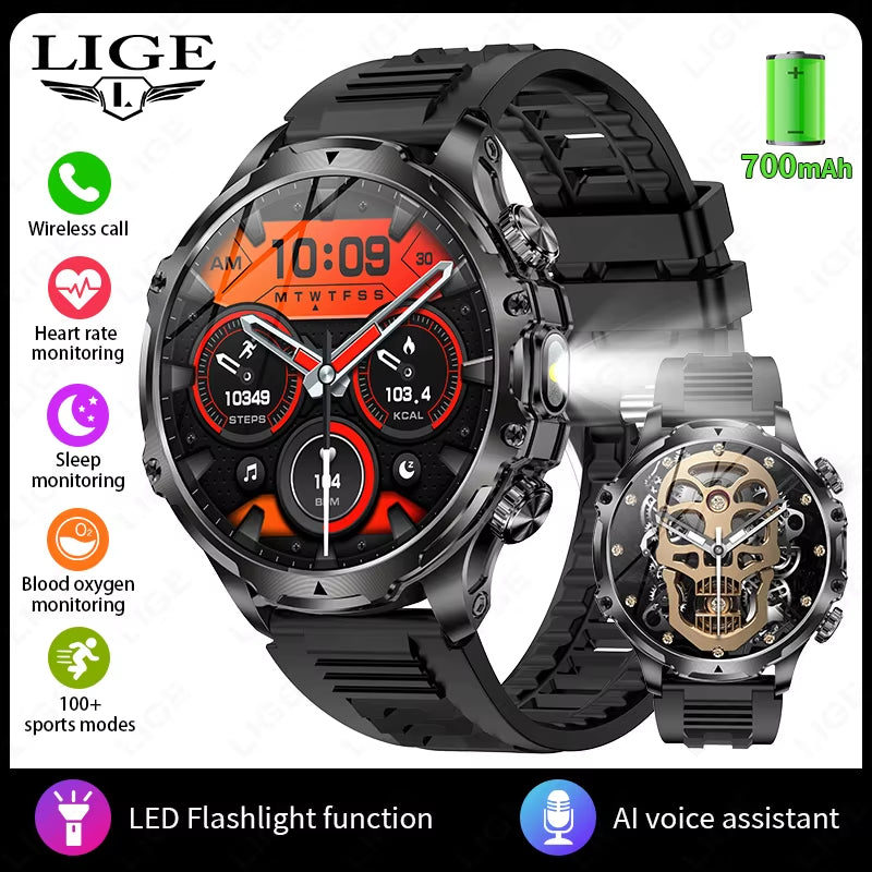 Men Outdoors Sports Smart Watch AK75 Flashlight 700Mah Large Battery Bluetooth Calling LED Light Fitness Tracker Smartwatch
