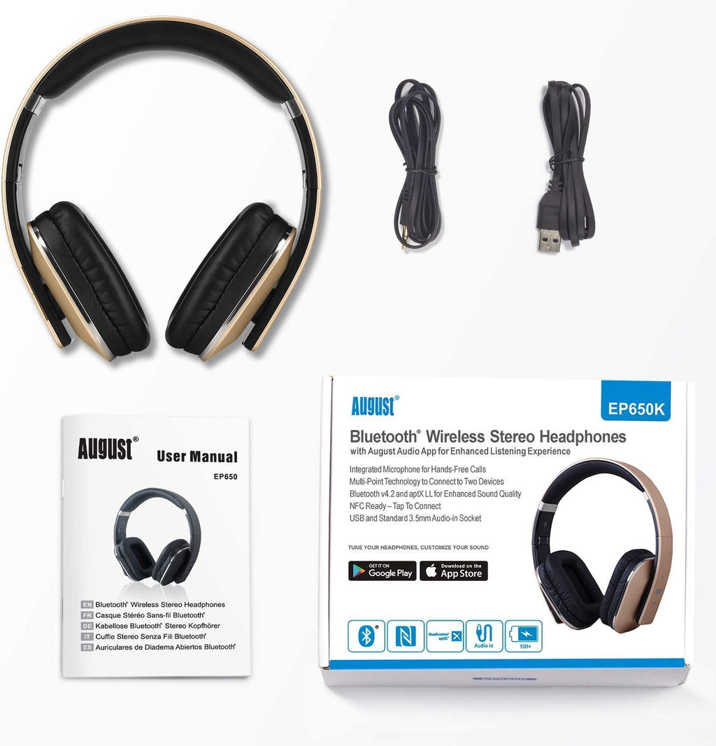 EP650 Bluetooth Wireless Over-Ear Headphones with Aptx Low Latency, NFC, Multipoint Pairing, Wired Option, Built-In Microphone - Gold