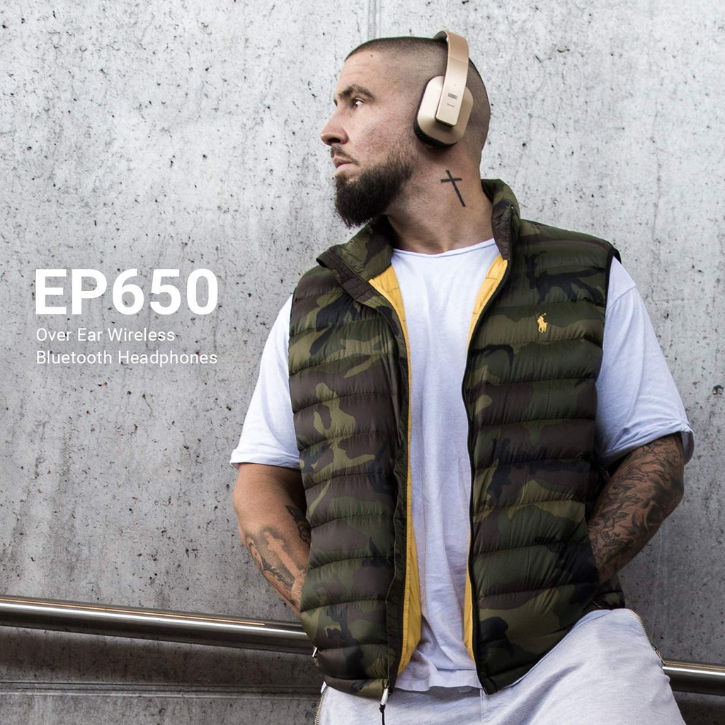 EP650 Bluetooth Wireless Over-Ear Headphones with Aptx Low Latency, NFC, Multipoint Pairing, Wired Option, Built-In Microphone - Gold