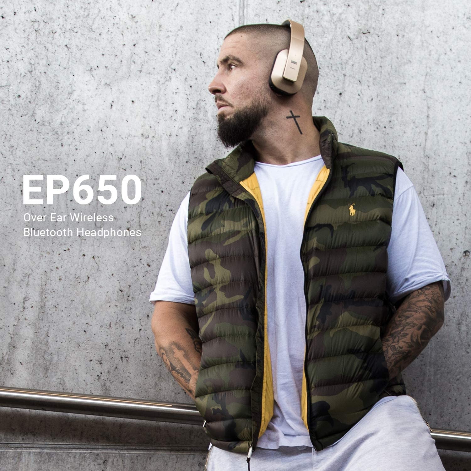 EP650 Bluetooth Wireless Over-Ear Headphones with Aptx Low Latency, NFC, Multipoint Pairing, Wired Option, Built-In Microphone - Gold