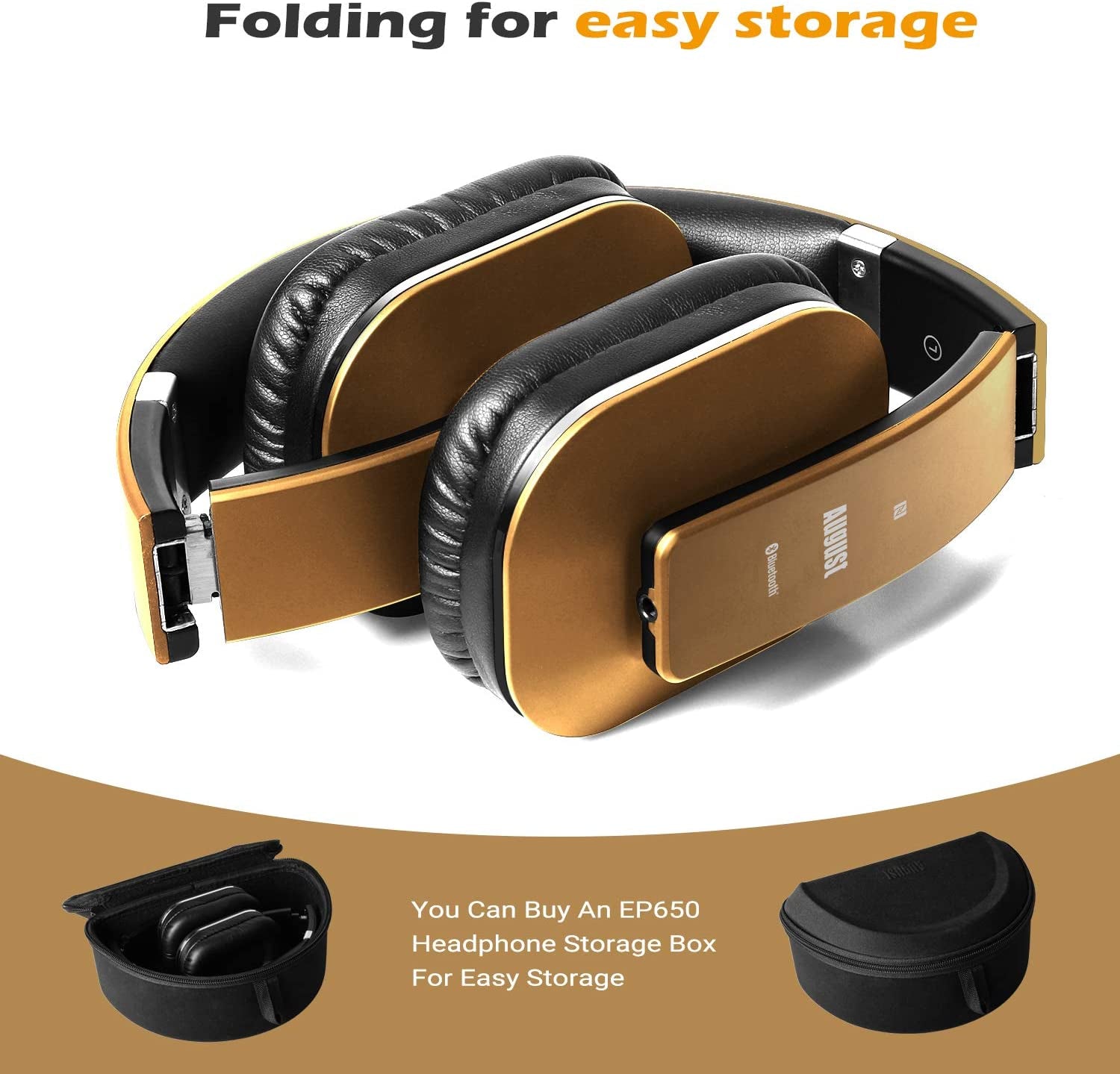 EP650 Bluetooth Wireless Over-Ear Headphones with Aptx Low Latency, NFC, Multipoint Pairing, Wired Option, Built-In Microphone - Gold