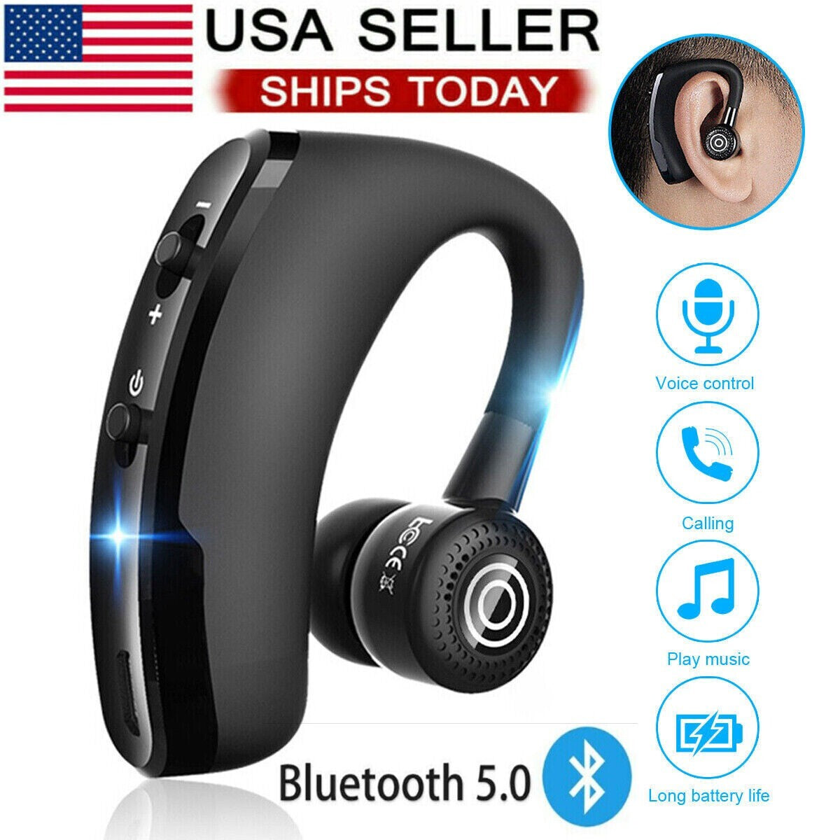 Bluetooth 5.0 Earpiece Wireless Headset Noise Cancelling Earbuds Driving Trucker