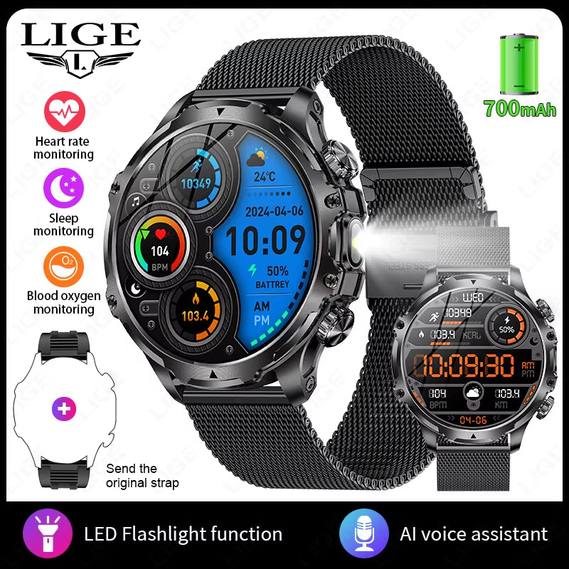 Men Outdoors Sports Smart Watch AK75 Flashlight 700Mah Large Battery Bluetooth Calling LED Light Fitness Tracker Smartwatch