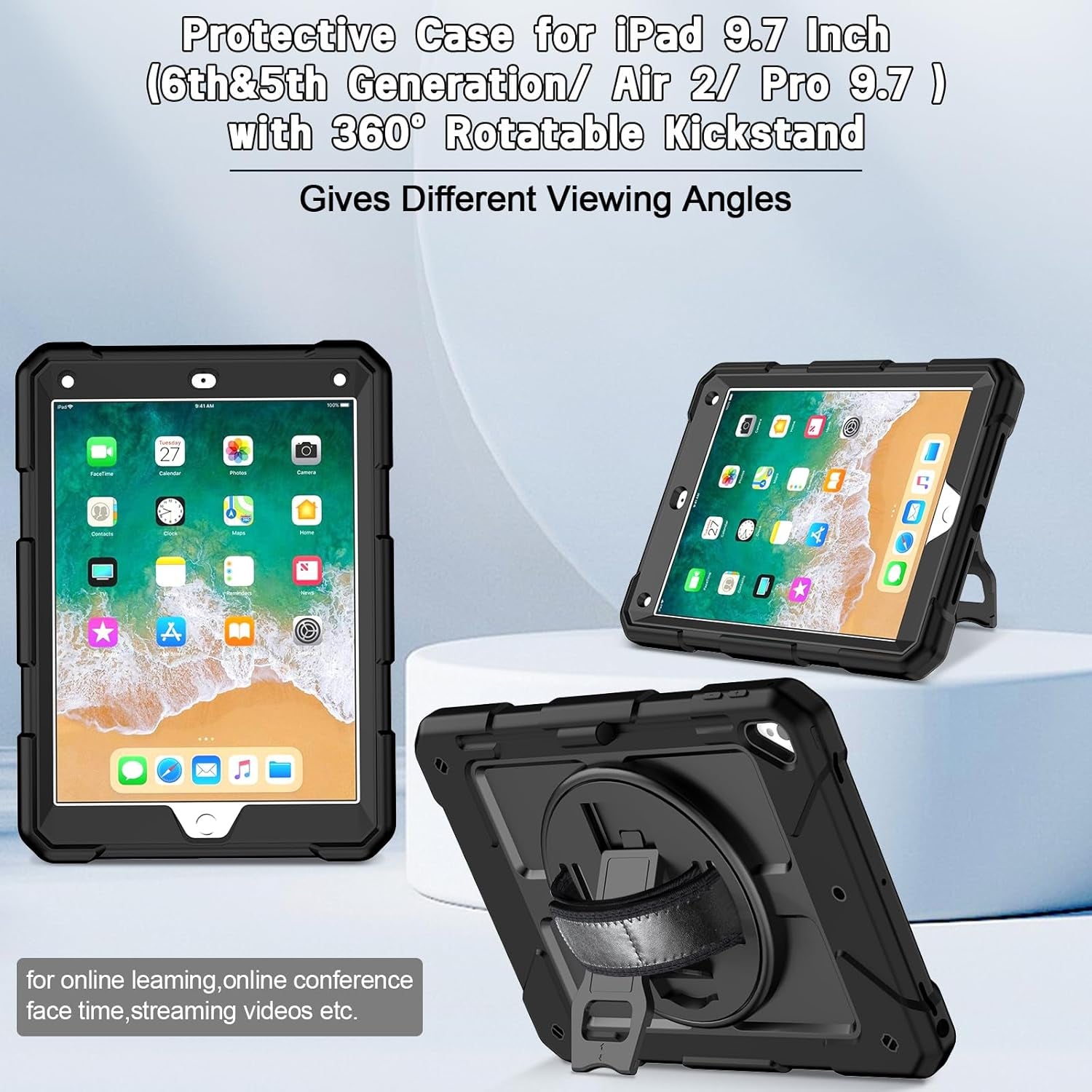 Ipad 6Th Generation Case, Ipad 5Th Generation Case, Ipad Air 2 Case, Ipad 9.7 Case for Kids, Shockproof 9.7 Inch Ipad Case with Rotating Stand/Hand Strap/Pencil Holder for Ipad 2018/2017 - Black