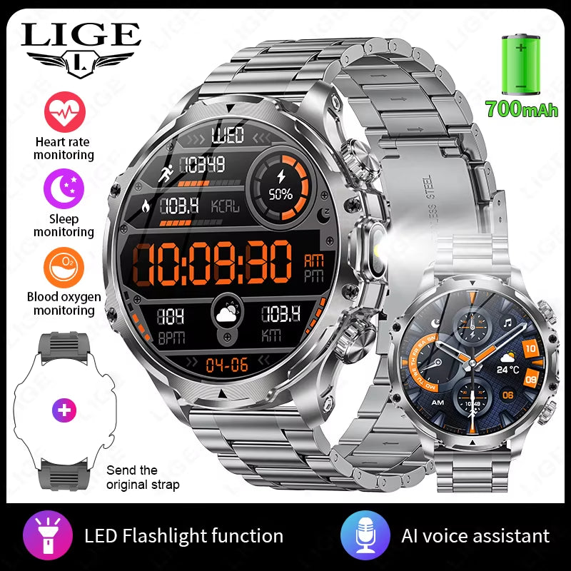 Men Outdoors Sports Smart Watch AK75 Flashlight 700Mah Large Battery Bluetooth Calling LED Light Fitness Tracker Smartwatch