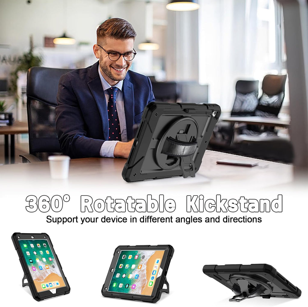 Ipad 6Th Generation Case, Ipad 5Th Generation Case, Ipad Air 2 Case, Ipad 9.7 Case for Kids, Shockproof 9.7 Inch Ipad Case with Rotating Stand/Hand Strap/Pencil Holder for Ipad 2018/2017 - Black