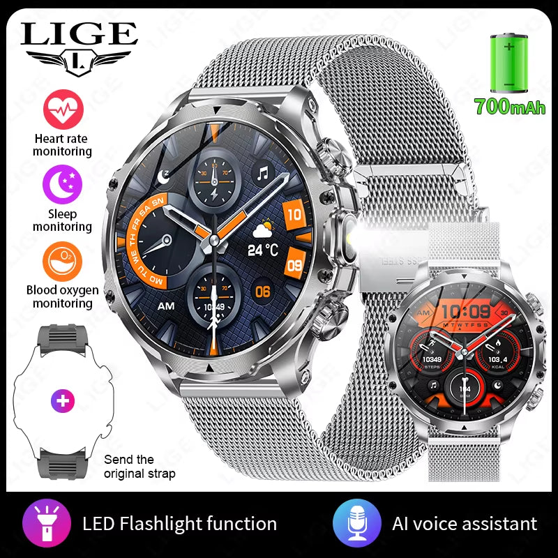 Men Outdoors Sports Smart Watch AK75 Flashlight 700Mah Large Battery Bluetooth Calling LED Light Fitness Tracker Smartwatch