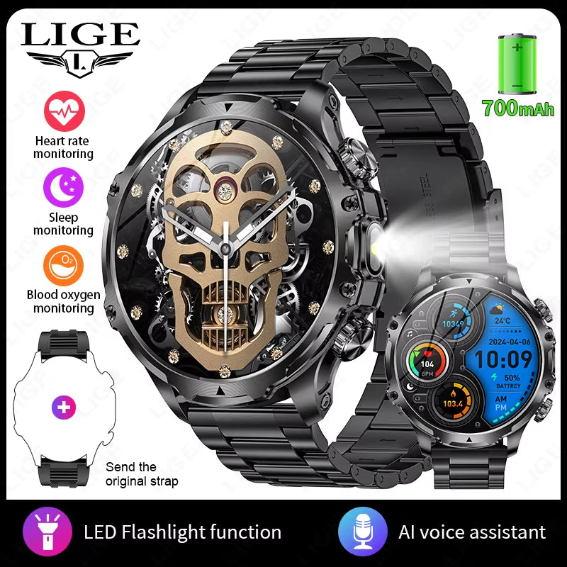 Men Outdoors Sports Smart Watch AK75 Flashlight 700Mah Large Battery Bluetooth Calling LED Light Fitness Tracker Smartwatch