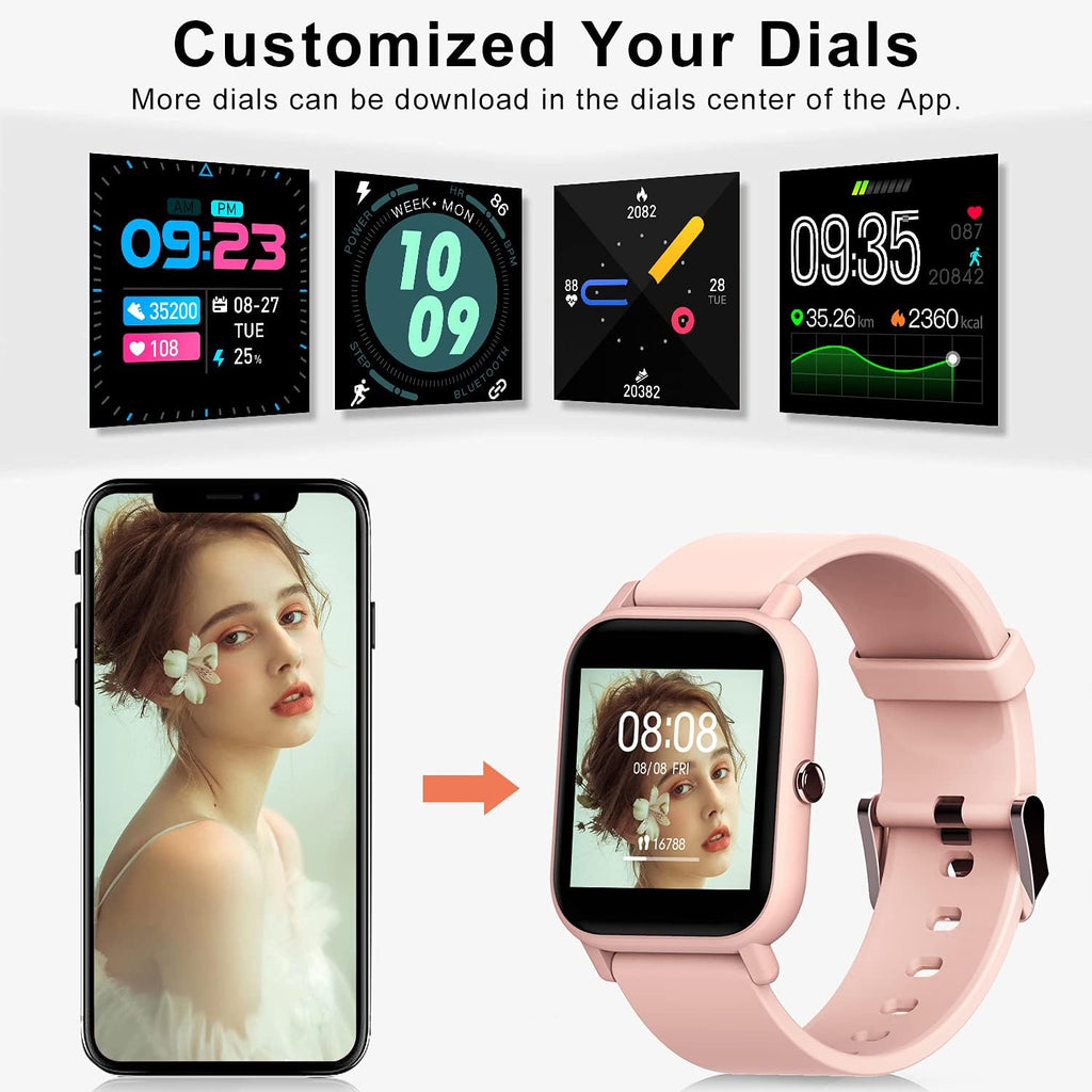 Smart Watch for Android Phones Compatible with Iphone Samsung, Fitness Watch with Blood Oxygen & Heart Rate Sleep Monitor, 5ATM Waterproof Pedometer, Smart Watches for Men Women (2 Bands)