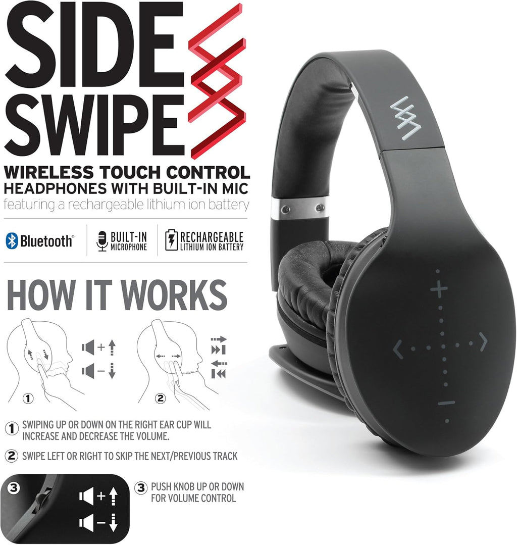 Ihip Side Swipe Touch Control Wireless Bluetooth Headphones over Ear - Foldable, Soft Memory-Protein Earmuffs, W/Built-In Mic and Wired Mode for Pc/Cell Phones/Tv - Black - Touch Only + Knob