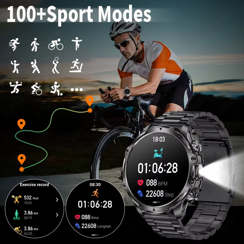 Men Outdoors Sports Smart Watch AK75 Flashlight 700Mah Large Battery Bluetooth Calling LED Light Fitness Tracker Smartwatch