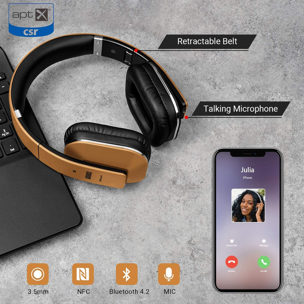 EP650 Bluetooth Wireless Over-Ear Headphones with Aptx Low Latency, NFC, Multipoint Pairing, Wired Option, Built-In Microphone - Gold